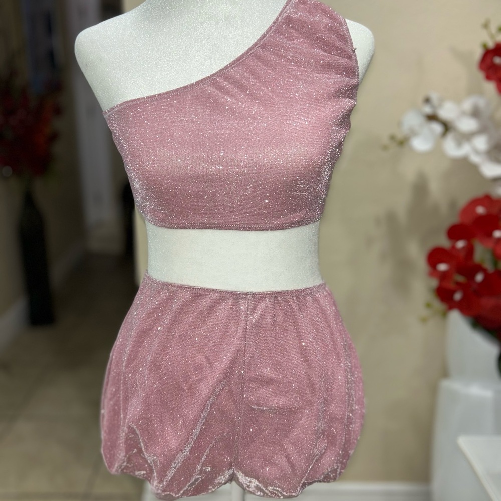 Pink One-Shoulder Glitter Two-Piece Set